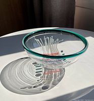 Clear art glass bowl with teal rim and colorful abstract brush stroke and dot design inside. Signed Burke. Very good condition, no visible damage.