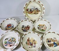Full set of seven Bunnykins bowls with unique bunny illustrations and decorative bunny rim.