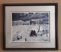 Full view of the framed print showing the winter scene with horse-drawn buggy, farmhouse, and skaters on ice.