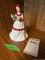 Front view of Royal Doulton figurine showing woman in white dress with red trim holding green book, with measurement tape indicating 6.5 inches height.