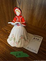 Front view of the Royal Doulton figurine showing the red bonnet and cape, white skirt with floral detail, and the open book held in hands.