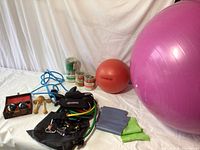Photo of full set including yoga ball, ankle and wrist weights, resistance bands, wooden weights, jump rope, and accessories