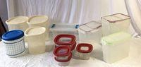 Group photo showing multiple sizes and brands of plastic storage containers including Snapware and Rubbermaid, with red, blue, purple, and green lids.