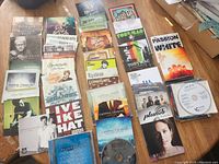 Photo of over 40 assorted Christian rock CDs spread out on a floor surface, visible album titles include Casting Crowns, TobyMac, Third Day, Brandon Heath, Plumb, Chris Tomlin, Matthew West, and others.