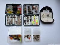 Top view of two green Scientific Anglers fly fishing cases open showing multiple rows of various fishing flies, plus a smaller black leather case with some flies and three plastic fly boxes with more flies.