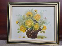 Frontal view of the original floral oil painting showing the entire floral basket artwork in frame.