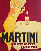 Front view of the vintage Martini Vermouth Torino advertisement plaque featuring a woman in yellow dress holding a glass of vermouth, bottle on table, and bold text.
