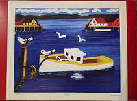 Vibrant colored lithograph print showing fishing boat and seagulls on water with red-roofed buildings in background, signed by artist.