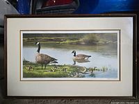 Framed art print showing a family of Canada Geese by the water, with two adults and several goslings on the grass.