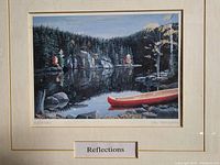 Full view of the acrylic painting showing the wooded lake scene with red canoe and reflections in the water. Includes artist's name and title visible.