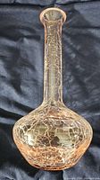 Full view of the tall crackle glass vase showing its narrow neck and round base with crackle glass texture pattern