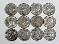 Obverse view of 12 pre-1965 US quarters showing dates and wear.