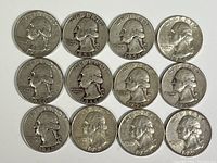 Obverse side of 12 US quarters showing George Washington profile and the years 1940 to 1964.