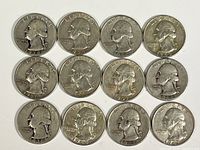 Obverse view of 12 US quarters pre-1965, showing Washington profile, various years from 1936 to 1964 with LIBERTY and IN GOD WE TRUST visible