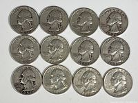 Obverse side of 12 pre-1965 US silver quarters showing George Washington profiles with dates from 1930s to 1950s.