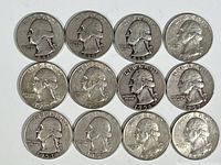 Obverse view showing 12 silver quarters dated between 1937 and 1961 with George Washington profile and varied wear.