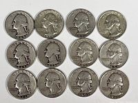 Obverse view of 12 pre-1965 US quarters showing George Washington profile and dates including 1942, 1946, 1951, 1953, 1954, 1958.