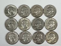 Photo of the obverse sides of 12 US quarters from the 1940s-1960s showing George Washington profile and mint dates.