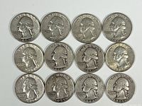 Obverse view of 12 US quarters from 1937 to 1962 showing front side featuring George Washington profiles and dates.