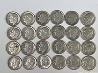 All 24 Roosevelt dimes laid out in rows showing front side (obverse) with Roosevelt's profile.