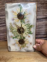 Front view showing the entire clock with three pressed flowers inside a rectangular frame held in hand.