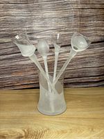 Set of 6 vintage frosted sherry glasses with different shaped bowls displayed in frosted glass vase.