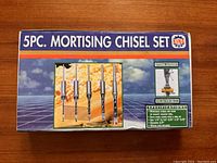 Front of box showing the 5pc mortising chisel set with images of chisels and usage.