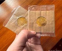 Two gold-toned coins sealed in plastic sleeves with cardboard backing shown together, with hand holding one coin.