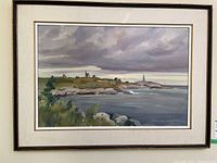 Frontal view of entire framed painting showing scene, mat, frame