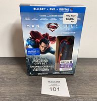 Front view of sealed Man Of Steel limited edition Blu Ray DVD Digital gift set with visible Superman figurine.