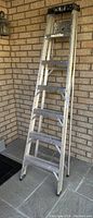 Full view of the aluminum step ladder leaned against a brick wall showing its height and six steps.