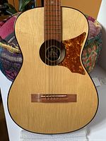 Front view of the guitar showing the natural wood face, tortoiseshell pickguard, strings, and sound hole with label.