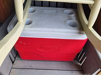 Red and white Coleman branded cooler with four circular cup holders on the lid, stored under a chair.
