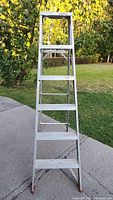 Front view of 5-step metal step ladder standing on concrete with yard background