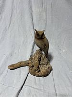 Front view of the hand carved owl perched on the burl wood.