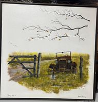 Full front view of the painting depicting the 1929 Model A Ford coupe in a fenced grassy field under bare branches.