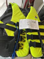 Photo showing bright yellow and black life jacket with multiple black straps, side buckles, and attached tags with instructions.