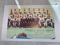 Full team photo print of the Toronto Maple Leafs 1959-1960 Stanley Cup finalists in a group pose showing players in jerseys and staff in suits with team logos and arena drawings at bottom.