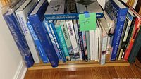 Shelf view of aviation and military books showing titles and arrangement.