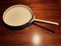 Top view of 10" frying pan showing white enamel interior and turquoise exterior with wicker-wrapped handle