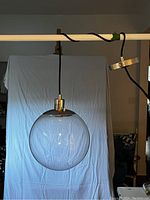 Full view of hanging clear glass globe pendant light with black cord and polished nickel cap on top.