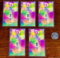 Set of five 1 grain .999 fine silver pieces in protective laminated certificates with coin for scale.