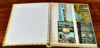 Photo 1 shows an open spiral photo album page containing four antique Canadian postcards fixed into place, depicting various natural and urban scenes.