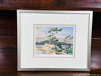 Framed print showing a landscape with white pine trees and rocky shoreline under glass in silver frame.