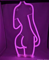 Bright pink LED neon light in the shape of a stylized female body, shown lit up against a dark background