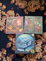 Photo showing all three sealed puzzles laid out on patterned carpet: Sydney Opera House night scene, frog jungle scene, and round dolphin puzzle.