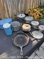 Photo showing multiple metal pots and pans including cast iron skillet on black surface outdoors with wooden fence and plants in background.