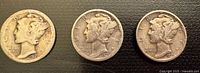 Obverse of all three 1935 Mercury dimes