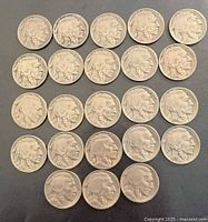 Grid of 25 Buffalo nickels dated 1936