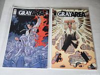 Photo of two comic books The Gray Area Issues #3 and #4 from 2004 placed side by side on a white surface showing the front covers.